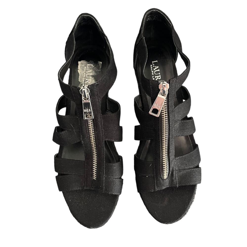 Ralph Lauren Black Espadrille Kelcie Cotton Linen Wedge Size 9 - Picture 3 of 8